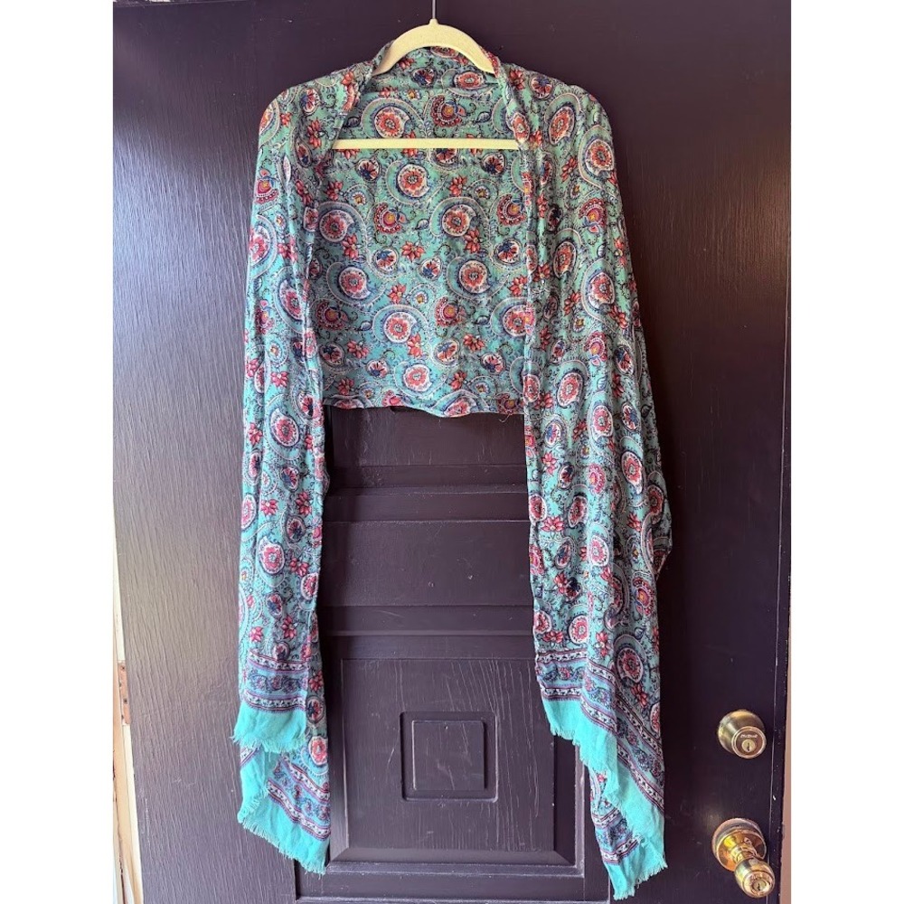 Womens Turquoise Paisley Floral Medallion Scarf Wrap Eyelash Fringe Boho Multi - Picture 2 of 9